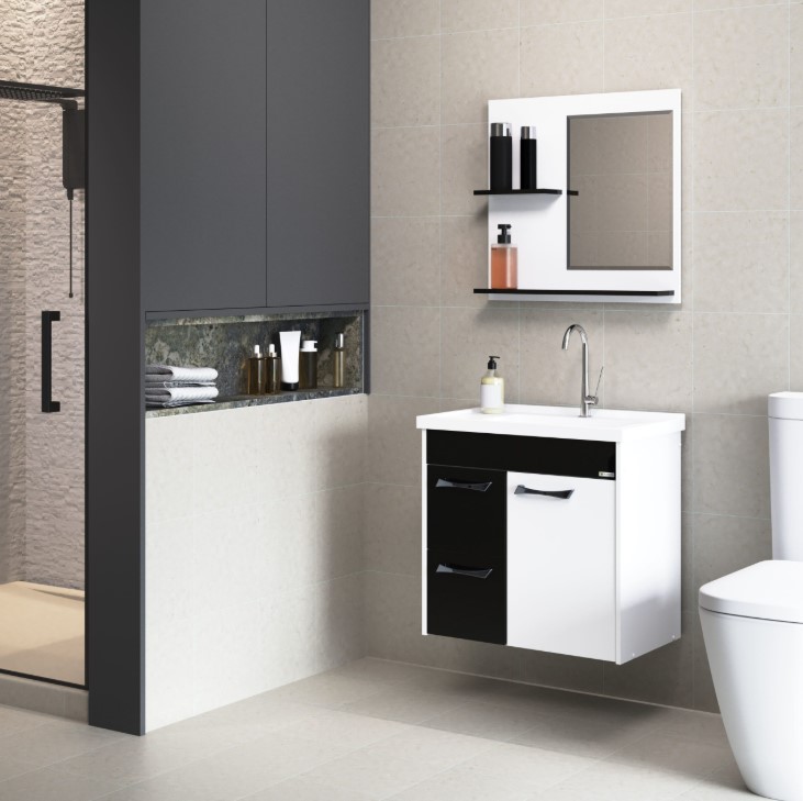 RORATO - KIT GENOVA SUSPENSO 55,4CM 2 GAVETAS C/ PIA E ESPELHO PRETO